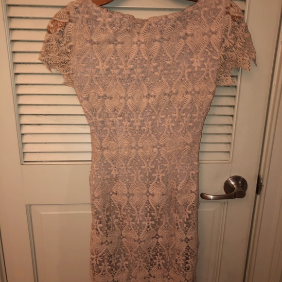 bebe Dresses & Skirts - Crochet Scalloped Bebe Tan Dress